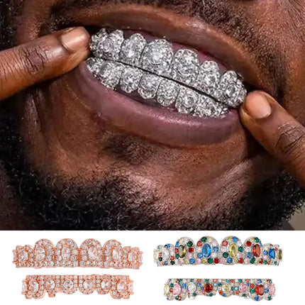 YOUNGX 8/8 Colors Full Iced Out CZ Stone Teeth Grillz Hip Hop Colorful Cubic Zircon Tooth Caps For Women Men Jewelry Christmas