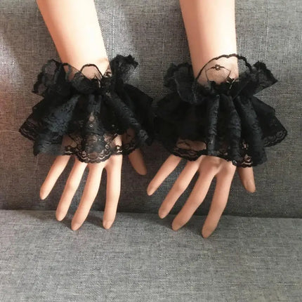 1Pair Lolita Hand Sleeve Wrist Cuffs Ruffled Floral Black Lace Elastic Bracelet Elegant Women Girls Wrist Warmers Gloves Gift