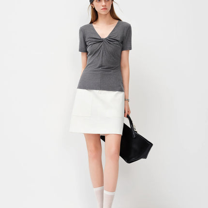 FSLE 2026 Spring Summer Women's Slim Fit V-Neck Short Sleeve Knit Top Mulberry Silk Cupro Blend Shirt for Lightweight Soft Touch