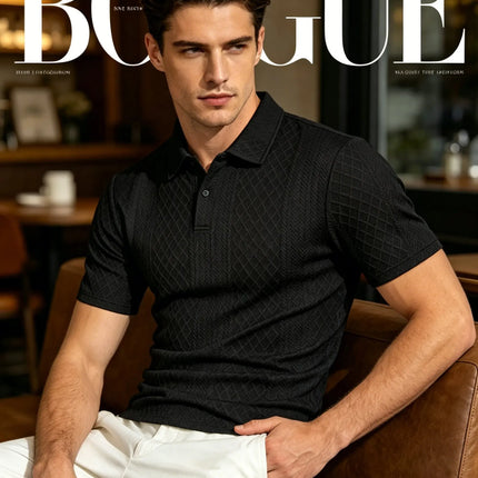 Men's Diamond Jacquard Knit Polo Shirt Breathable Quick Dry Casual Business Short Sleeve Top for Men