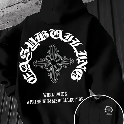 Gothic Letter Cross Pattern Men's Hoodie with Vintage Print, Loose Fit, Suitable for Autumn Winter with A Hooded Pullover Design