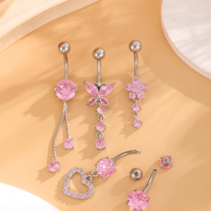 3-5pcs Mixed-Style Sets Heart Flower Dangle Belly Button Rings Stainless Steel Butterfly Curved Zircon Belly Piercing Navel Ring