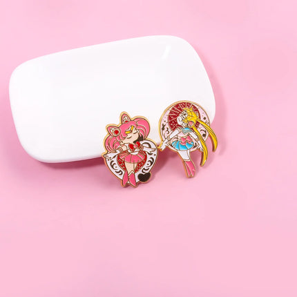 Anime Cartoon Moon Tsukino Usagi Enamel Keychain Necklace for Women Girl Magic Brooch Aino Minako Pin Cosplay Jewelry Gift