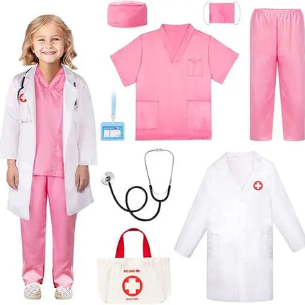 Children Doctor Nurse Cosplay Professional Role-playing Costumes Surgical Gown White Coat with Top Accessories for Boys Girls