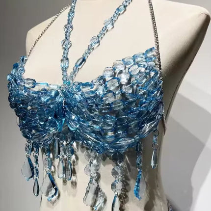 Blue Beaded Bikini Rave Body Party Bridal Wedding Accessories Fringe Chain Mermaid Bra Top Beachwear Lingerie Harness Bralette