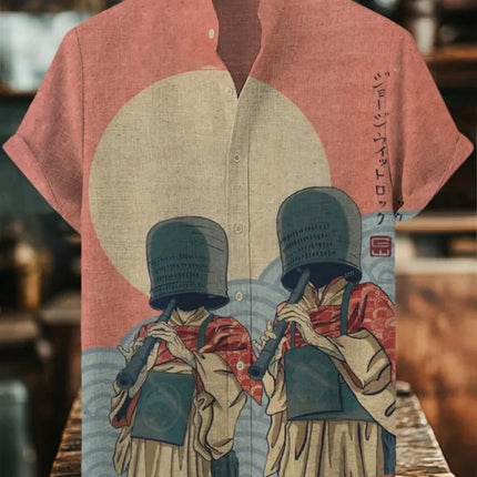 Men's Japanese Retro Art Black Cat Print Shirt Short Sleeve Stand up Collar Single Breasted Casual Linen Top for Vacation