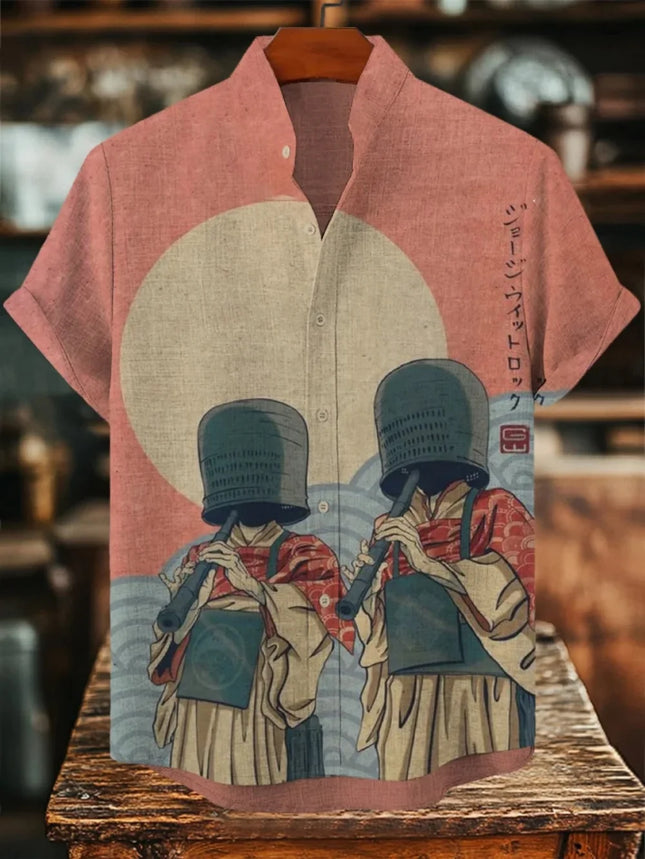 Men's Japanese Retro Art Black Cat Print Shirt Short Sleeve Stand up Collar Single Breasted Casual Linen Top for Vacation