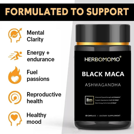 Natural Black Maca Booster for Men, Maca Root Capsules ，Ginseng Increase Endurance, Boosts Energy & Strength