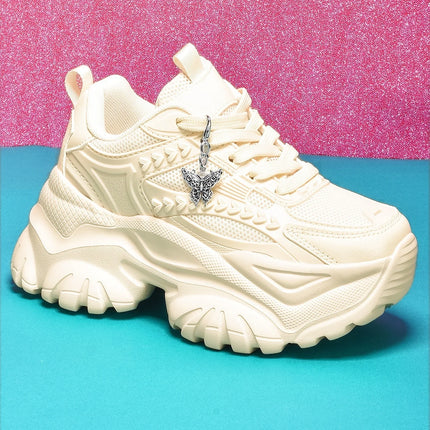 Women's Lightweight 7cm White Thick-Soled Trbottomyy Versatile Fashionable Casual Vulcanized Shoes with Silver Butterfly Decorative Pendant Chain Shoes High Water Platform Trbottomyy Versatile White Women's Comfortable Soft-S