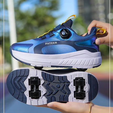 Kids Two Wheels Roller Skating Shoes with Light Magic Stick Walking Shoes, Detachable Wheels Roller Skate Shoes for Teenagers
