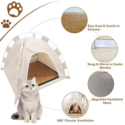 Portable Cat Tent Bed Breathable Oxford Pet House with Double-sided Mat Summer Cooling Cat Cave for Indoor Outdoor Cats Dogs
