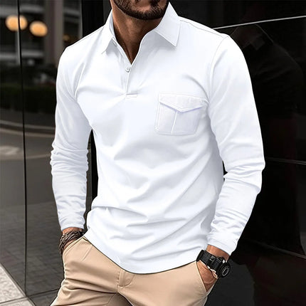 Autumn And Winter New Sports Polo Shirt Men's Long-sleeved Casual Lapel Polo Shirt Solid Color Pocket T-shirt