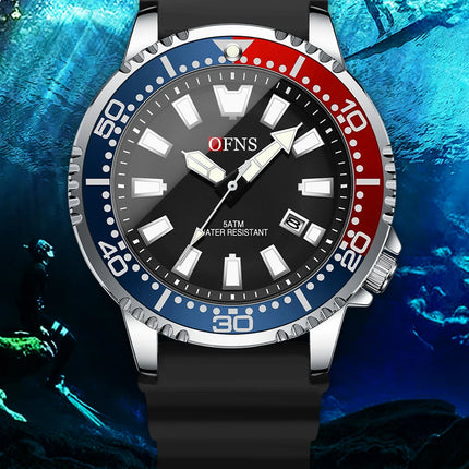 OFNS High Quality Fashion Men's Quartz Watch Calendar Luminous Display 50M Waterproof Luxury Watches Rubber Strap Men's Watch