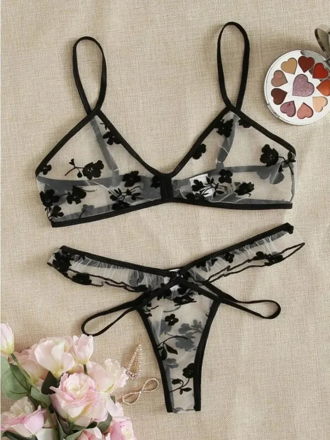 2026 Summer Women Lace Bra Set See-Through Sexy Lingerie Thin Strap Underwear Suit Floral Print Stylish Bralettes Корсет Женский