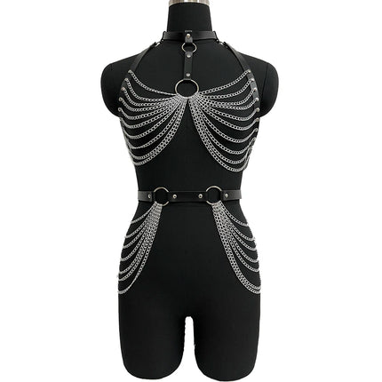 Sexy Women Bondage Lingerie Fashion PU Leather with Chain Harness Belt Abjustable Bdsm Goth Fetival Carnival Costume Decortive