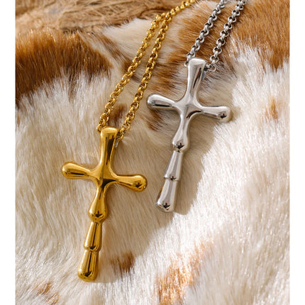 Yhpup High Quality Textured Waterproof Stainless Steel Cross Pendant Necklace Jewelry for Women PVD Plated Handmade Polished