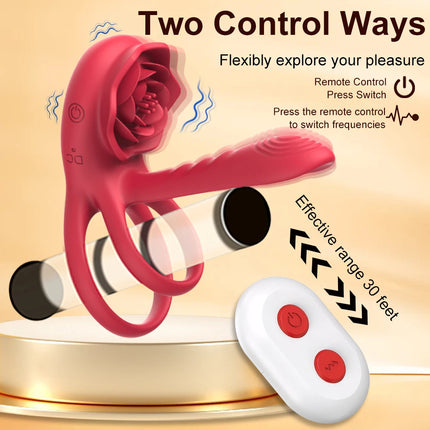 Remote Control Vibrating Cock Ring Penis Sleeve with Rose Clitoral Stimulator Penis Ring Vibrator Adult Sex Toys for Men Women