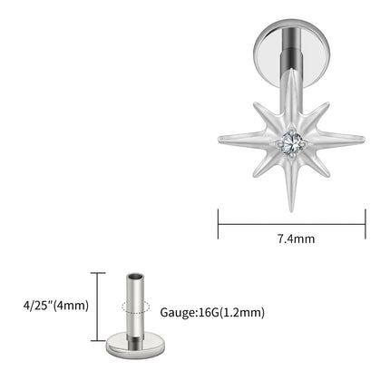 Right Grand ASTM F136 Titanium CZ North Star Flat Back Earring 16G Tiny Starburst Helix Cartilage Stud Earlobe Piercing Jewelry