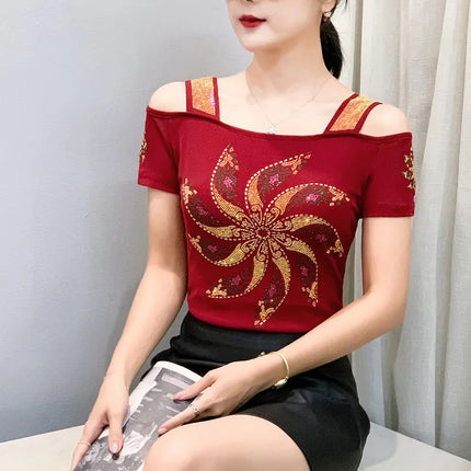 New Summer European Clothes Women's T-Shirts Luxury Butterfly Hot Diamonds Tees Sexy Streetwear Off-Shoulder Tops Shirt