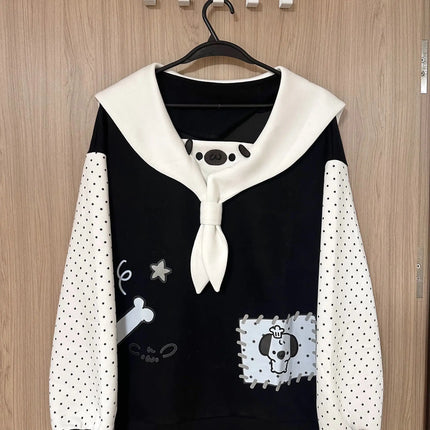 Japanese Kawaii Cartoon Dog Print Hoodies Women Sweet Sailor Collar Loose Sweatshirt Y2k Aesthetic Polka Dot Lolita Hoody Tops