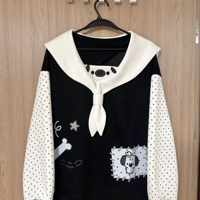 Japanese Kawaii Cartoon Dog Print Hoodies Women Sweet Sailor Collar Loose Sweatshirt Y2k Aesthetic Polka Dot Lolita Hoody Tops