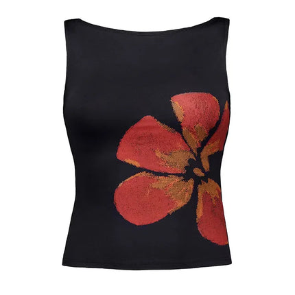 Women's Flower Print Crop Tank Top Fitted Boat Neck Sleeveless Summer Top for Party Club 2025 New Fashion