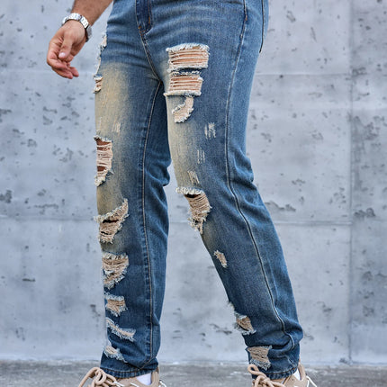 Men Denim Jeans Pants Clothing Trousers Men's Vintage Washed Ripped Straight Leg Denim Jeans