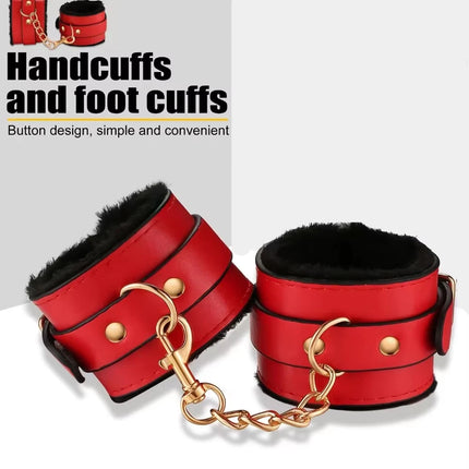 Erotic Bed Bondage Kits Slave Restraint Bondage Set Genuine leather Collar Mouth Gag Whips Handcuffs Adult Sex Toys For Couples