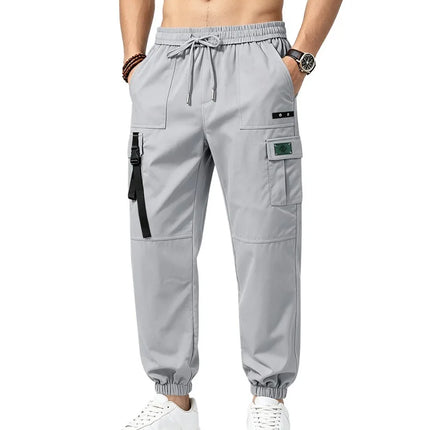 2026 New Men Streetwear Multi Pocket Decor Strap Cargo Joggers Elastic Waist Loose Ankle Lightweight Outdoor Casual Work Pants