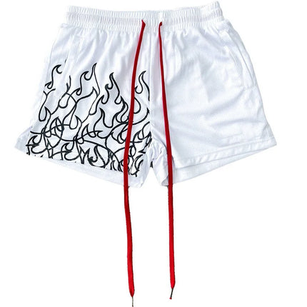 Men's Flame Print Casual Sports Shorts Breathable Mesh Adjustable Drawstring Waist Loose Fit Summer Street Daily Wear Trendy