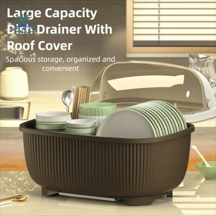Large Capacity Dish Drainer With Roof Cover Dustproof Multifunctional Kitchen Utensils Rack Cupboard Plastic