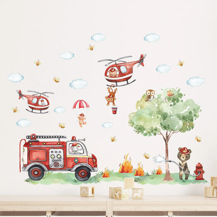 Cartoon A GrouCartoon Animal Fireman Helicopter Fire Truck Wall Stickers for Kids Room Bedroom Nursery Decoration Wall Decals