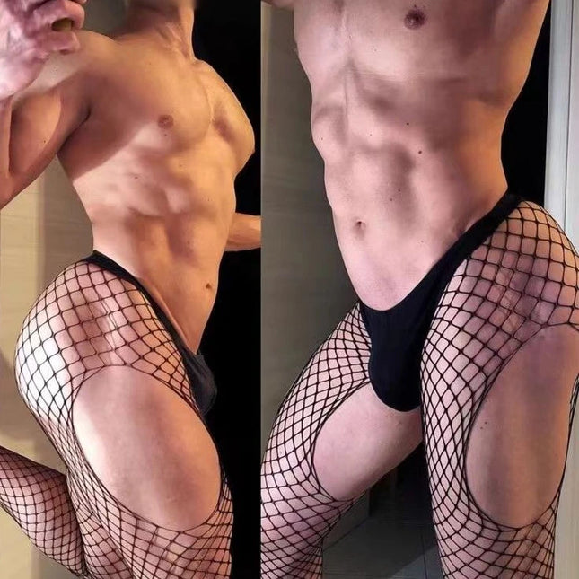 SHENGRENMEI Male Fashion Tights Gentle Man Club Sexy Lingerie Fishnet Stockings 1Piece Open Crotch Pantyhose for Men's Underwear