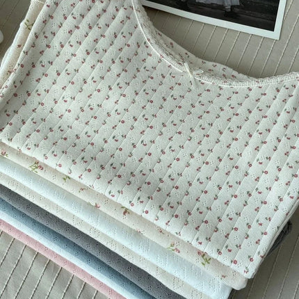 Sweet Floral Print Eyelet Bow Cropped Vests Women Cotton Casual Slim Lace Trim Tank Tops Vintage Preppy Style Cute Camisole Y2K