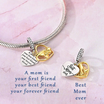 Charm Bead 925 Sterling Silver Heart Starry Sky Family Mother-Daughter-Sister Charm Fit Bracelets Pendant Women DIY Jewelry Gift