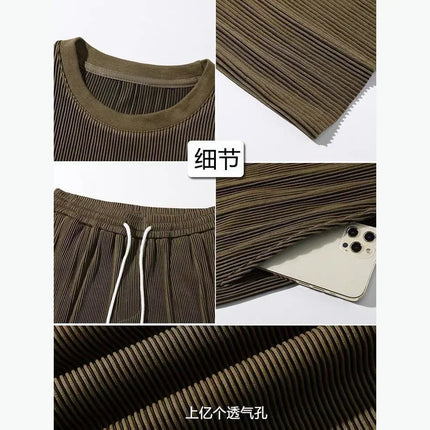 Men's Wrinkled Ice Silk Sports Set 2026 Summer New Short sleeved Long Pants Two piece Set Fashionable Breathable and Cool