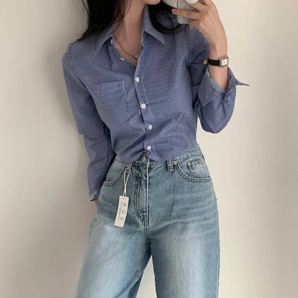 Spring High Waist Slim Fit Striped Shirt Women's Button up Polo Collar Cotton Polyester Blend Fashionable Korean Style