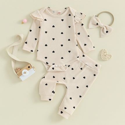 Pudcoco Infant Newborn Baby Girls 3Pcs Fall Outfits Long Sleeve Heart Print Romper + Pants + Headband Set Clothes 0-18M