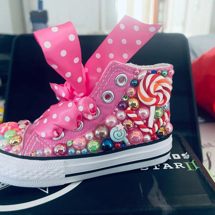 Handmade Rhinestones Bling Girls Women Kids And Mother Candy Canvas Shoes Pearls Sneakers For Girl Birthday Party Wedding