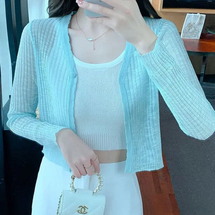 Slim Fit Knitted Long Sleeve Short Cardigan Women's Summer New Style Korean Version Thin Outerwear Pure Color Sun Protection Shi