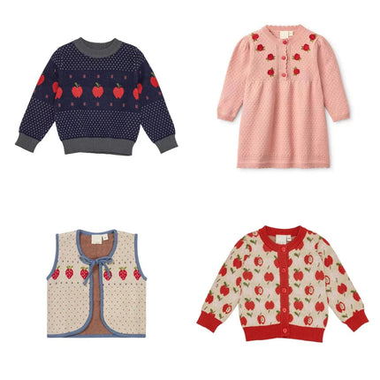 2025 Autumn Winter Kids Sweaters Baby Knit Cardigan Jacket Vest Strawberry Girls Princess Dress Long Sleeve Tee Shirt Pant Cloth