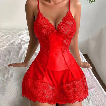 Women Nightdress Sexy Lace Chemise Bow Nightgown Sleepwear Mini Dress Plus Size Deep V Babydoll Lingerie Sexi Sleepdress Nighty