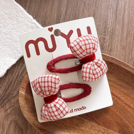 2pcs/set Red Color Korean Fashion Kids Girl Hair Clip Sweet Dot Plaid Bow Barrettes for Children Hedawear Hair Accessories
