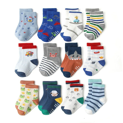 1/3/6/9/12 Pairs Kids Cotton Socks Sets for Baby Boys Non-slip Cute Cartoon Patterned Breathable Baby Trampoline Floor Socks