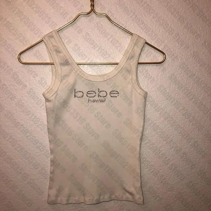 Rhinestone Letter Print Women's Slim Crop Top Gothic Cute Baby Tee Vintage Grunge White T-Shirt Y2k Clothes Summer Streetwear