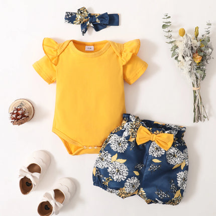 Baby girl Set solid Color Bodysuit +Printed shorts+Headband Three Piece set 0-18 Months Baby Girl Summer Comfort Set