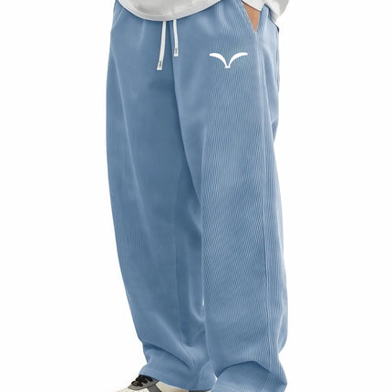 Comfort Mens Corduroy Wide Leg Trousers Wing Symbol Print Drawstring Waist Lightweight Casual Pants Double Side Pockets