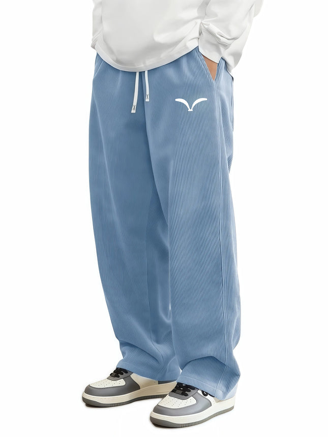 Comfort Mens Corduroy Wide Leg Trousers Wing Symbol Print Drawstring Waist Lightweight Casual Pants Double Side Pockets
