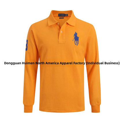 Long Sleeve Pure Cotton Polo Shirt Men's Embroidered Polo Neck T-Shirt Casual Spring Autumn British Style Loose Fit Solid Color
