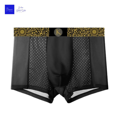 Men's Ice Silk Boxer Briefs Black Gold Baroque Waistband Breathable Quick-Dry Sports Trunks Plus Size 6XL Summer Cool Underwear